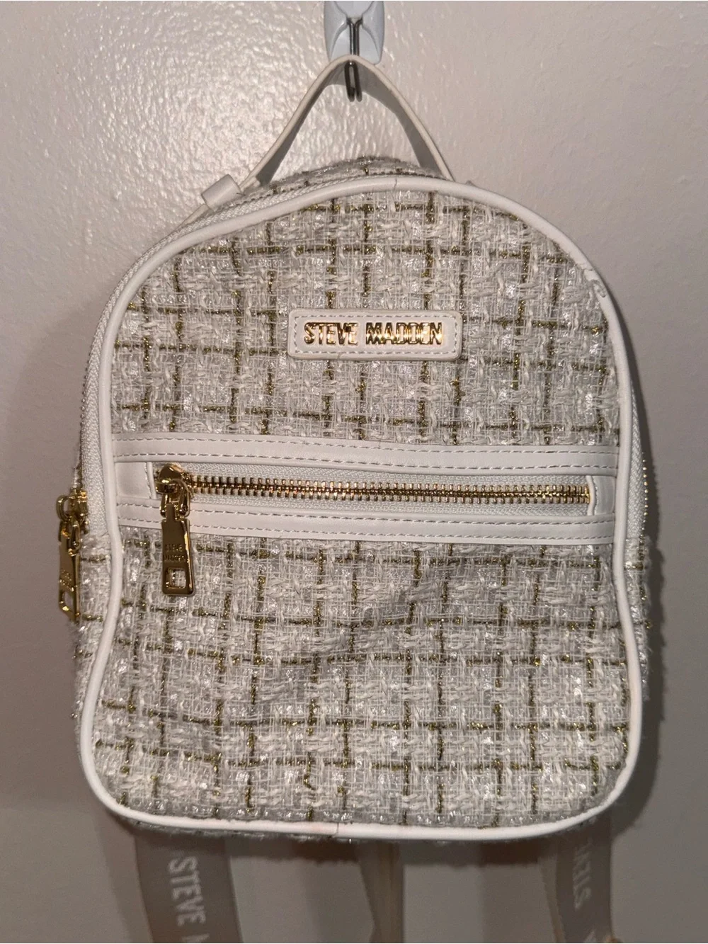 Steve Madden Mini Tweed Backpack White Gold Metallic Bag